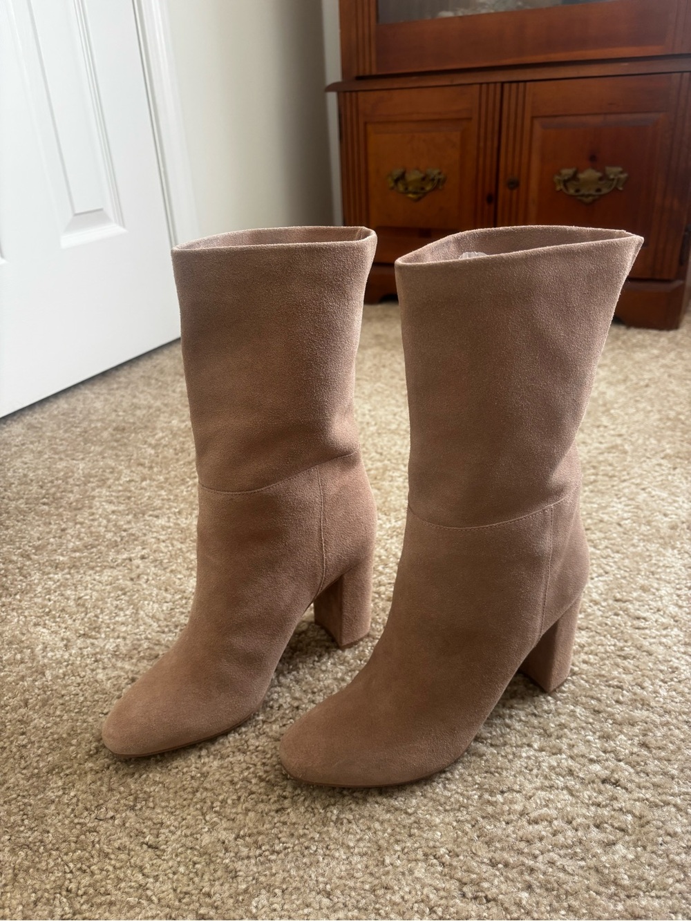 Suede Mid-Calf Block Heel Boots in Taupe